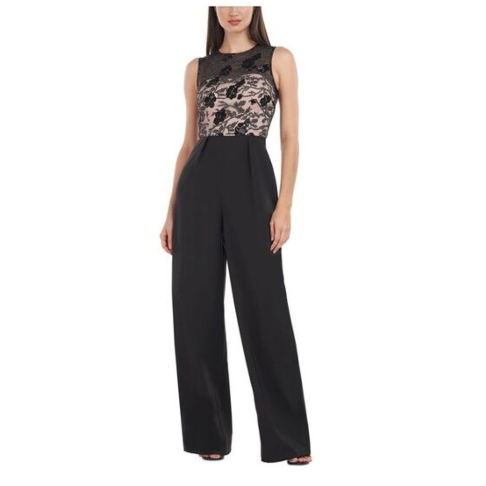 JS COLLECTIONS Jumpsuit Black Blush Sequin Lace Wide Leg Women's Size 8‎ NEW
